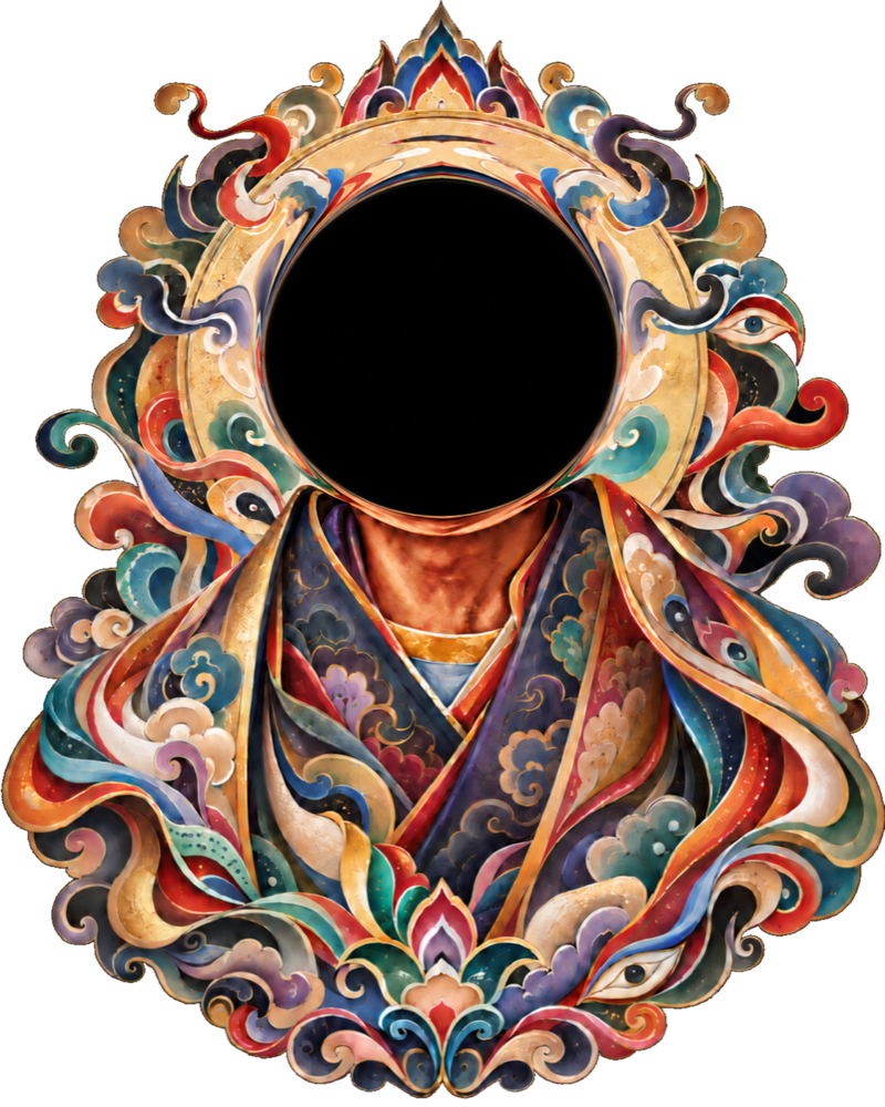 Guru Deva, painted in the manner of a thangka: a robed figure in a gold nimbus, the face an open dark circle.